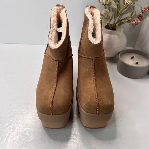 UGG Classic Mini New Heights Platform Suede Boots Chestnut Women's 10 Tried On - Picture 5 of 11